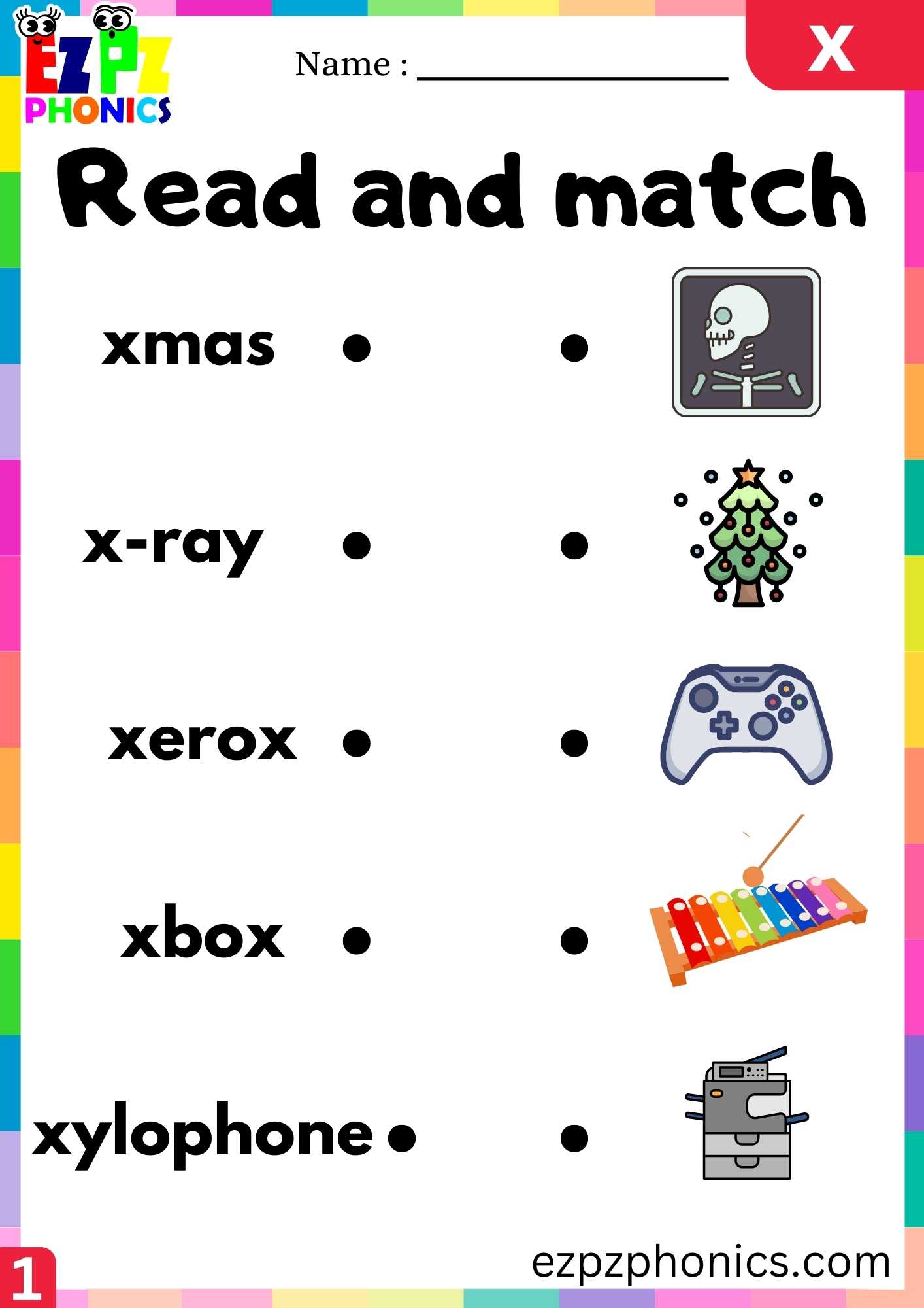 Letter X Read And Match Beginning Sounds Worksheet